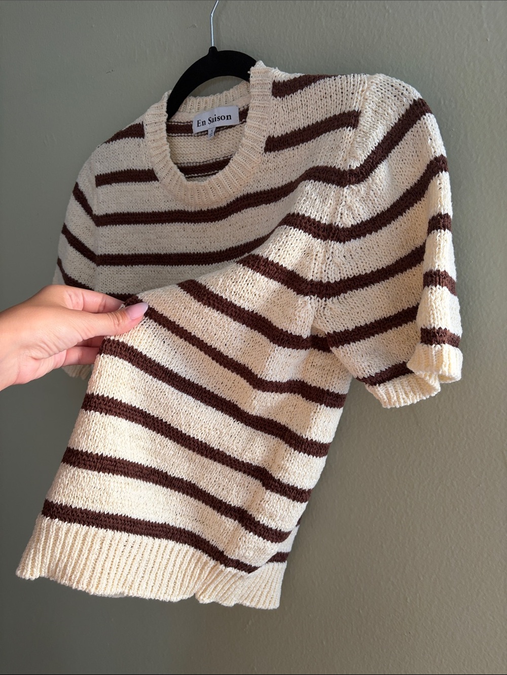 En Saison Cream and Brown Striped Short Sleeve Crew Sweater - Picture 9 of 9